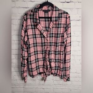 Sanctuary Plaid Pink Long Sleeve Blouse Size Medium Tie Bottom‎